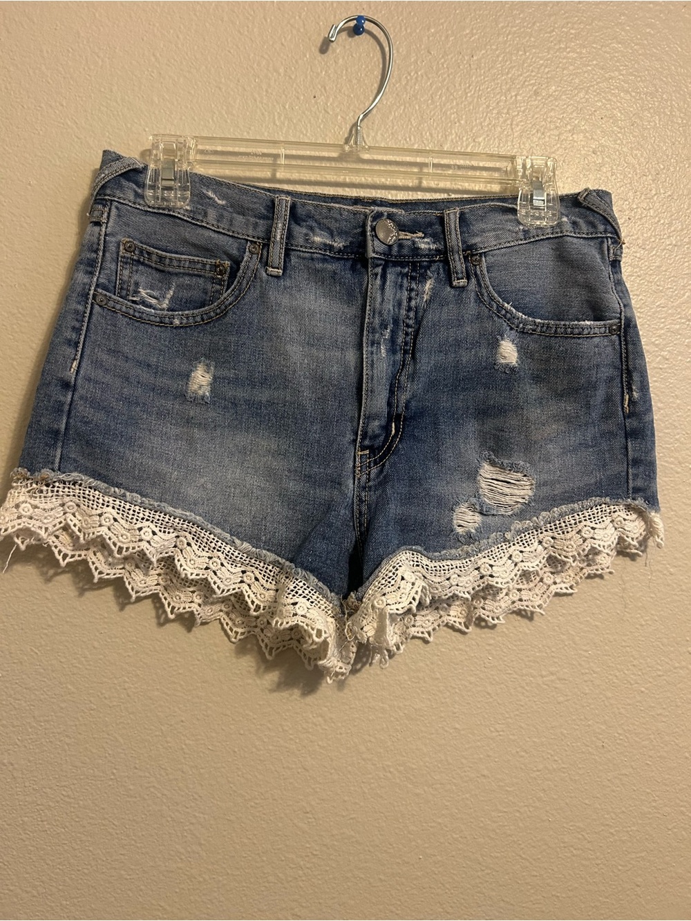 Free People Light Blue Distressed Denim Shorts with White Lace Trim Womens 27